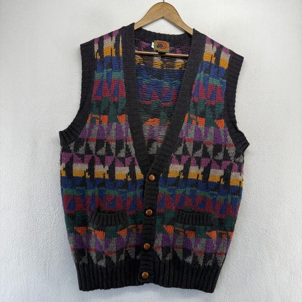Vintage Boston Traders Cardigan Sweater men's Large Gray Colorful Geometric 90s